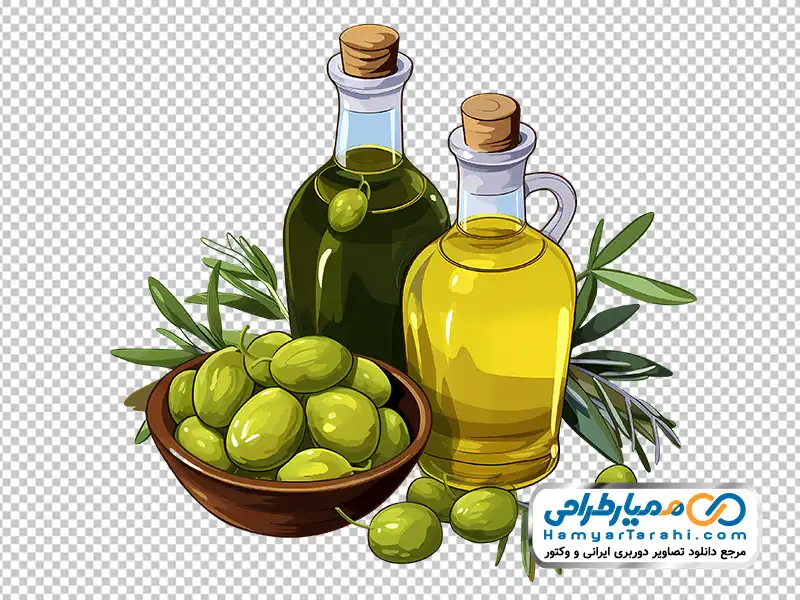 تصویر وکتوری شیشه روغن زیتون با دانه های زیتون با فرمت png دانلود تصویر وکتوری شیشه روغن زیتون با دانه های زیتون