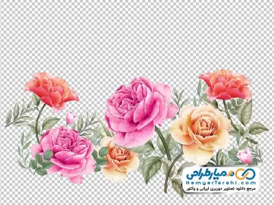تصویر دسته گل افقی با گل های رز صورتی، نارنجی و زرد