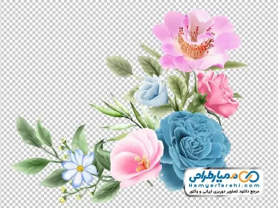 فایل png گل رز صورتی و آبی با برگ های سبز