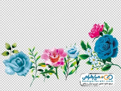 فایل png نقاشی گل های رز آبی و قرمز با برگ های سبز
