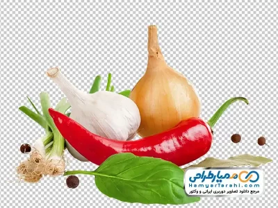 دانلود تصویر با کیفیت سبزیجات (پیاز، فلفل چیلی، سیر و پیازچه)