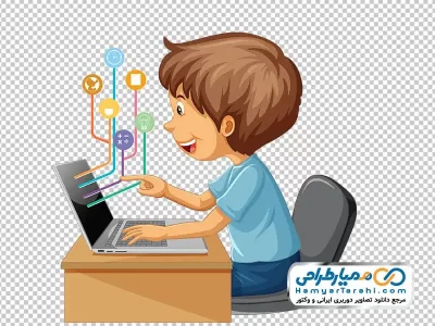 تصویر وکتوری پسر بچه پشت میز کامپیوتر