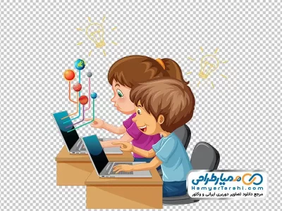 دانلود تصویر کارتونی دختر و پسر پشت میز کامپیوتر