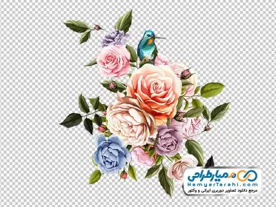 تصویر png گل های رنگارنگ با پرنده