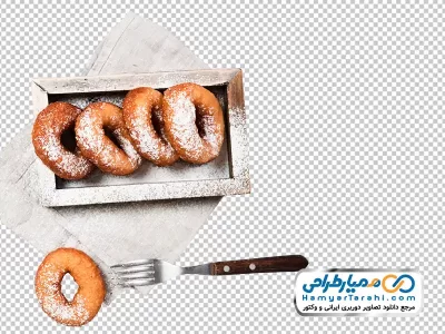 تصویر با کیفیت دونات خانگی در سینی چوبی