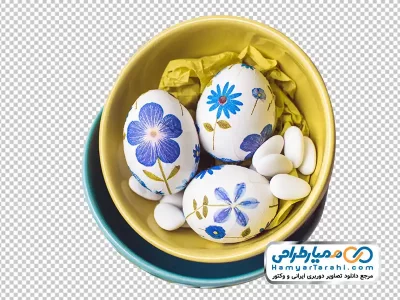 تصویر با کیفیت تخم مرغ با نقاشی گل های آبی برای سفره هفت سین