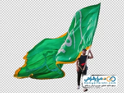 دانلود تصویر با کیفیت مرد در پیاده روی اربعین با پرچم سبز بزرگ