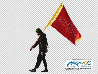 دانلود عکس با کیفیت مرد در پیاده روی اربعین با پرچم عجل لولیک الفرج