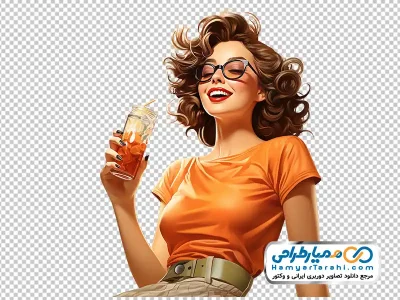 تصویر دیجیتالی خانم در حال خوردن آبمیوه با فرمت png
