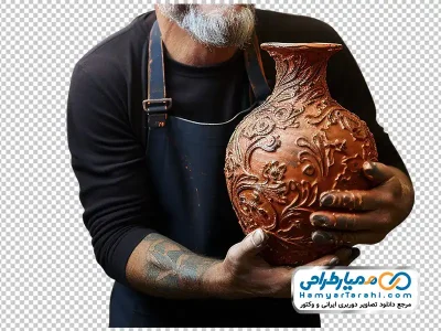 دانلود تصویر png گلدان سفالی قهوه ای در دست سفالگر