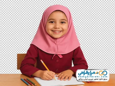 تصویر وکتوری دختر دبستانی پشت میز مدرسه
