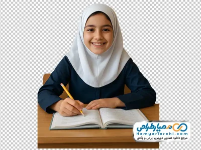 دانلود تصویر با کیفیت دختر دبستانی پشت میز مدرسه
