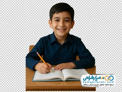 تصویر ساخته شده با هوش مصنوعی پسر بچه دبستانی پشت میز مدرسه