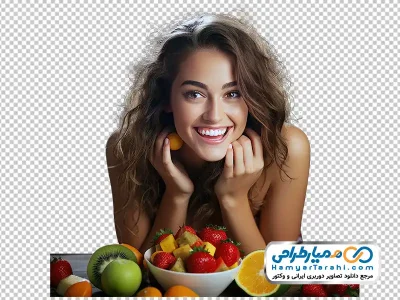 تصویر دیجیتالی دختر جوان با ظرف میوه با فرمت png