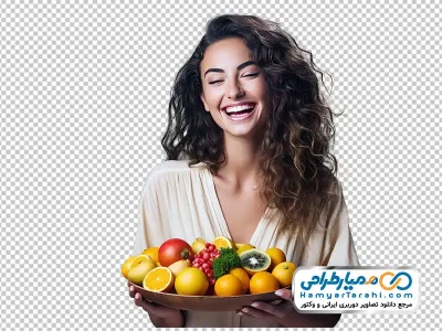 دانلود عکس دیجیتالی دختر جوان با ظرف میوه با فرمت png