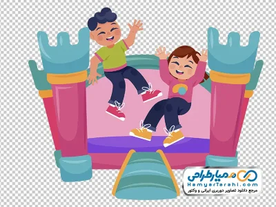 تصویر کارتونی بچه ها در حال پریدن روی قلعه بادی