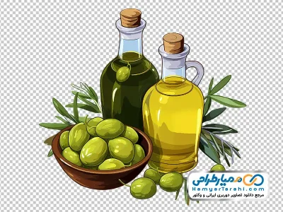 دانلود تصویر وکتوری شیشه روغن زیتون با دانه های زیتون