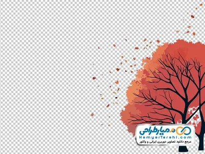 تصویر وکتوری درخت پاییزی با برگ های نارنجی پراکنده در باد با فرمت png