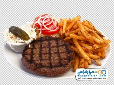 دانلود تصویر با کیفیت گوشت همبرگر با دورچین سیب زمینی سرخ شده در بشقاب