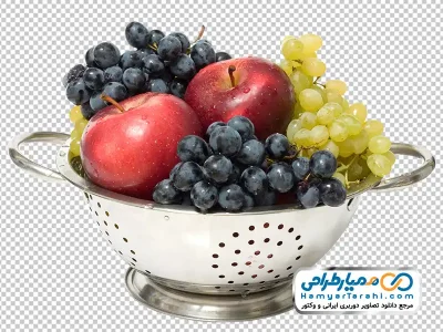 تصویر با کیفیت میوه در سبد استیل (سیب، انگور و ...)