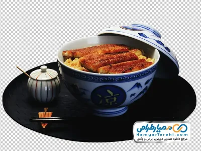 عکس با کیفیت ظرف غذای ژاپنی مار ماهی کبابی با برنج با فرمت png