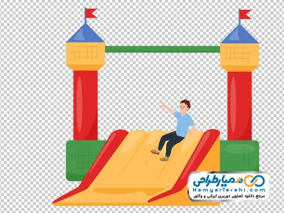 تصویر کارتونی پسر بچه در حال بازی روی سرسره بادی
