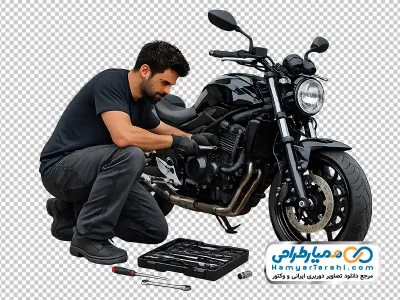 دانلود تصویر با کیفیت مرد تعمیرکار در حال تعمیر موتور سیکلت