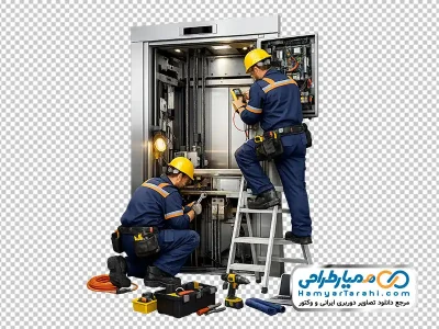 عکس با کیفیت تکنسین ها در حال تعمیر آسانسور