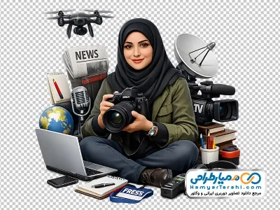 دانلود تصویر png خانم خبرنگار با دوربین و تریبون