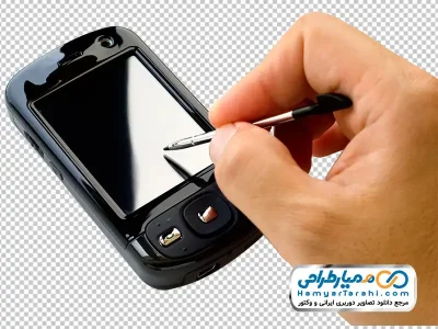 تصویر با کیفیت قلم pda در دست با گوشی هوشمند