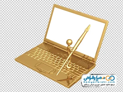دانلود عکس وکتوری آدمک سه بعدی با قلمو در دست روی لپ تاپ