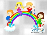 تصویر کارتونی بچه ها نشسته روی رنگین کمان