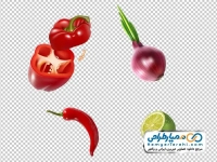 تصاویر پراکنده سبزیجات (پیاز، فلفل دلمه، فلفل چیلی و لیمو ترش)