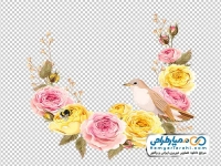 تصویر دوربری شده حلقه گل زرد و صورتی با پرنده و زنبور