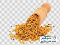عکس با کیفیت گرده زنبور عسل و قاشق چوبی