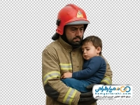 تصویر png آتش نشان با کودک در آغوش
