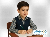 تصویر png پسر بچه دبستانی پشت میز مدرسه