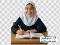 تصویر با کیفیت دختر دبستانی پشت میز مدرسه