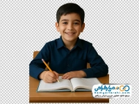 تصویر با کیفیت پسر بچه دبستانی پشت میز مدرسه