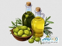 تصویر وکتوری شیشه روغن زیتون با دانه های زیتون