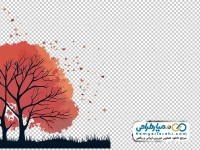 تصویر png درخت پاییزی با برگ های نارنجی پراکنده در باد