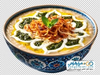 تصویر png حلیم با تزئین پیاز داغ و نعنا داغ در کاسه سنتی آبی