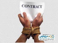تصویر png دست های به هم بسته شده با طناب و برگه قرارداد