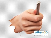 عکس با کیفیت دست بیرون آمده از کاغذ با خودکار
