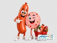 عکس کارتونی سوسیس و کالباس خندان با سبد خرید